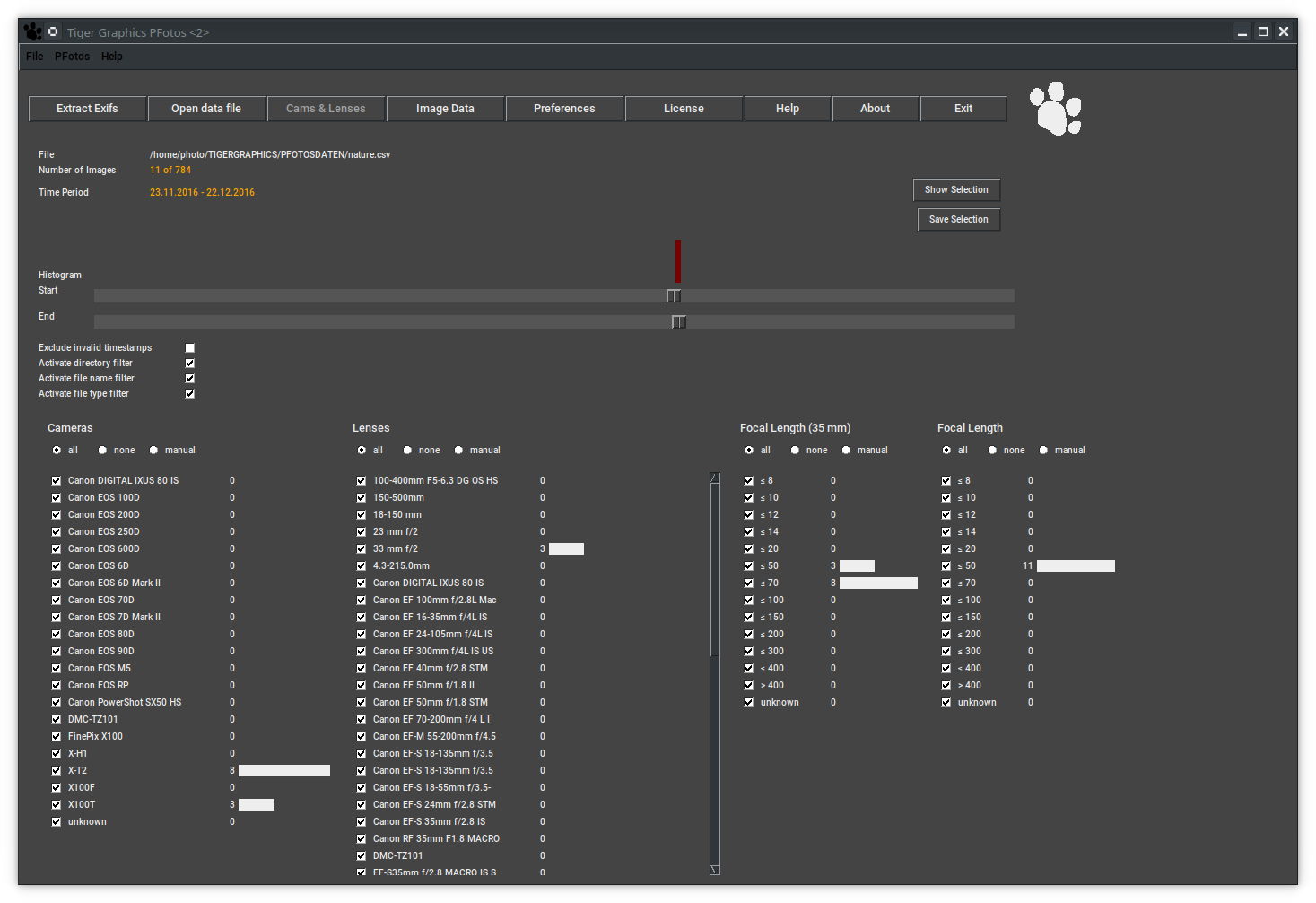 Selection after double clicking a histogram bar